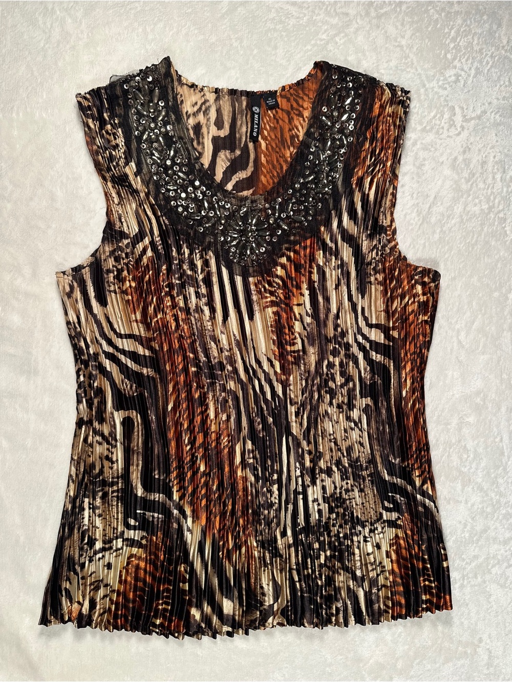 Milano Beaded Animal-Print Pleated Camisole - Brown/Black/Cream